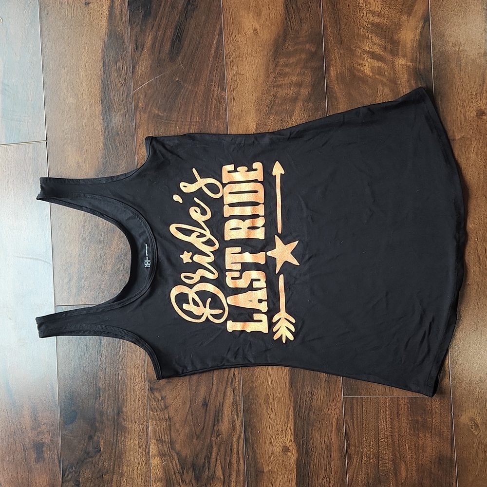 No boundaries brand black tank top w/ orange lettering "Brides last ride" Size L